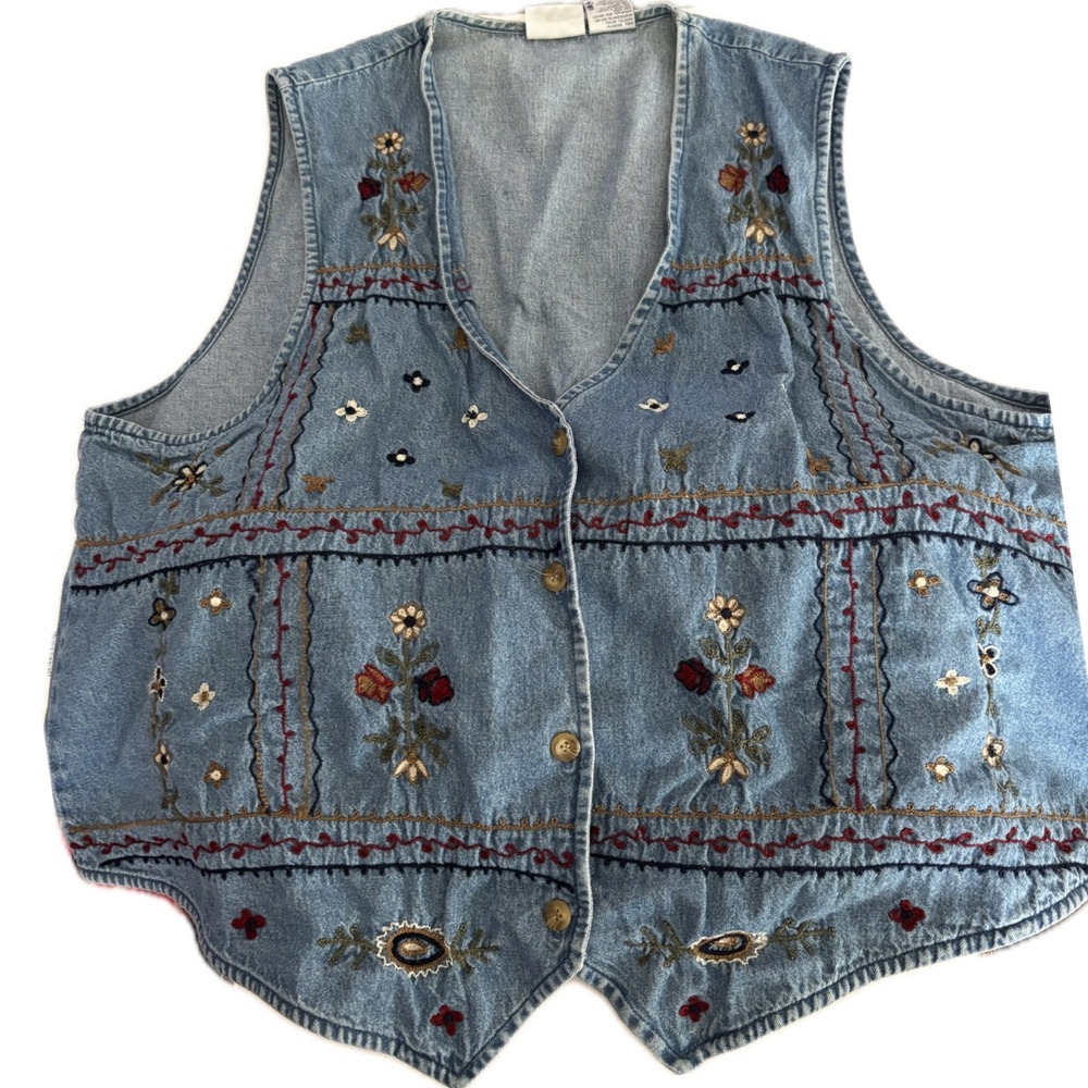 Bobbie Brooks Woman Floral Embroidered Denim Vest Blue Cotton Plus Size 22W/24W